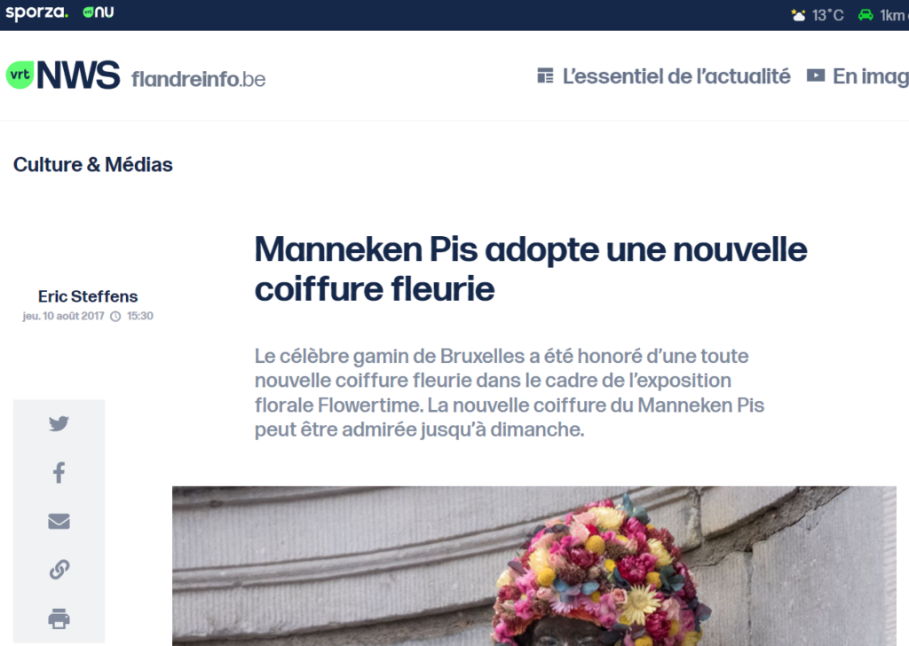 vrt.be/vrtnws/fr 2017/08/10 manneken pis adopte une nouvelle coiffure fleurie